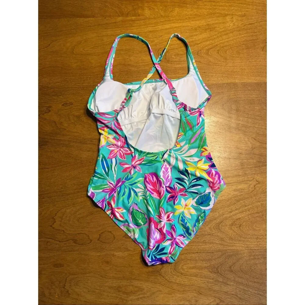 Stella Parker Women's Shirred Island Time One-Piece Swimsuit Green Pink Size XL